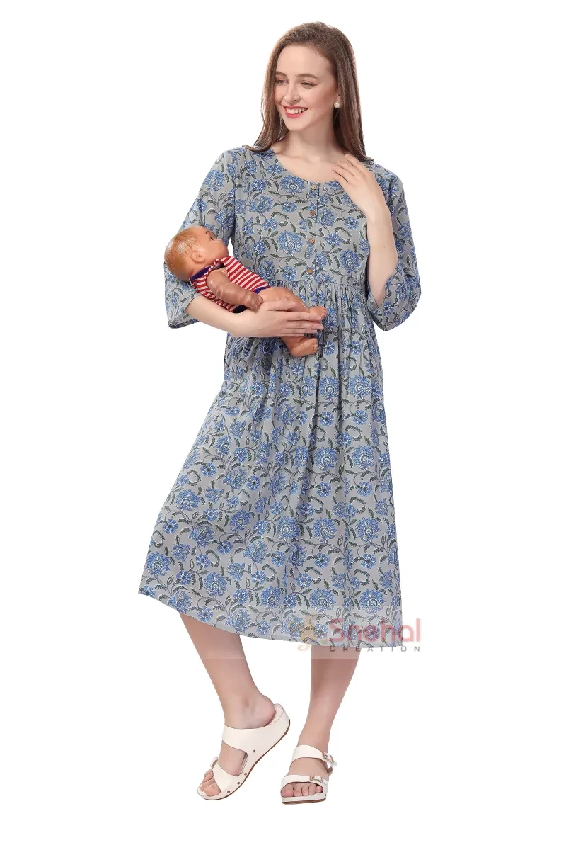 Feeding Maternity Kurti Anarkali Style Gray Soft and Comfortable Cotton Print Anarkali Style Feeding kurti